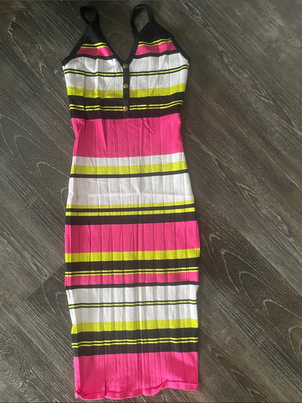 Sleeveless Striped Midi Dress in Pink, White & Neon Yellow